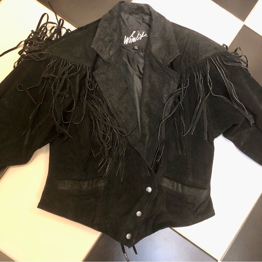 Vintage 80s Winlit Fringe Suede Cropped Jacket Leather Rocker Chick Cowgirl sz M